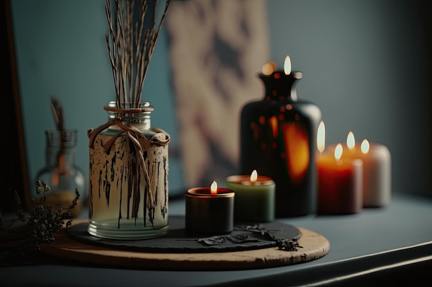 Burning candles and scented reed freshener on the spa Illustration AI Generative