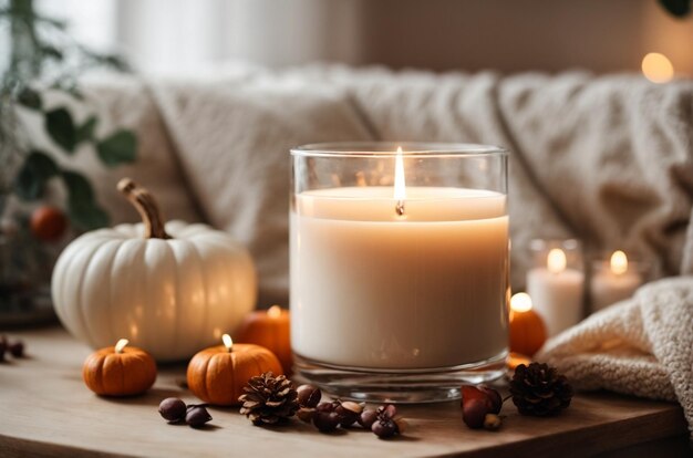 Burning candles with autumn decorations on table in living room