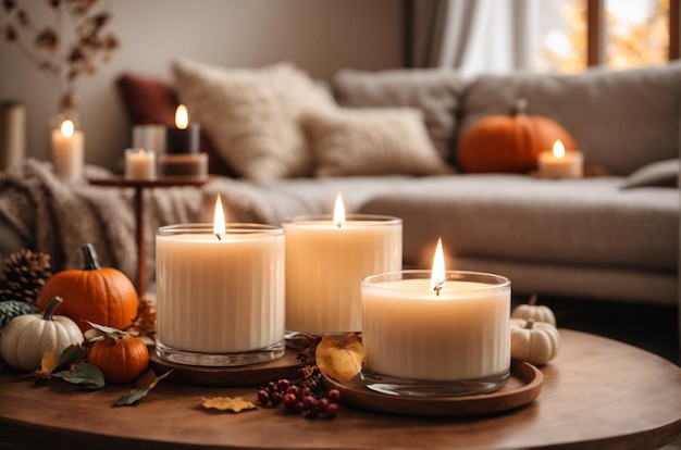 Burning candles with autumn decorations on table in living room