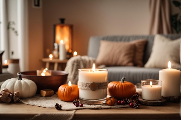 Burning candles with autumn decorations on table in living room