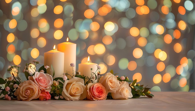 Burning candles with beautiful flowers on beige table against blurred lights Divaly celebration
