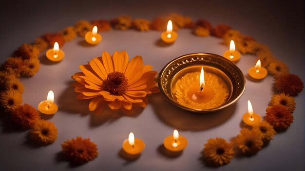 Burning candles with calendula flowers on a dark background