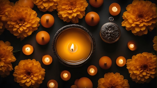 Burning candles with chrysanthemum flowers on black background