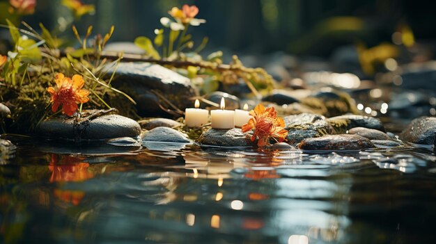 Burning candles with flowers in the garden