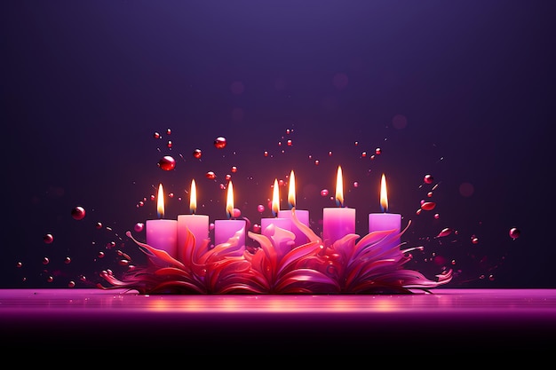Burning candles with flowers on purple background