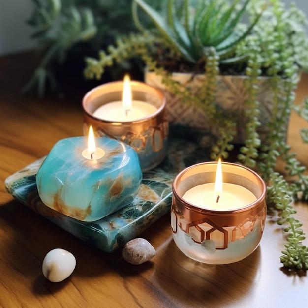 Burning candles with succulents and stones on wooden table