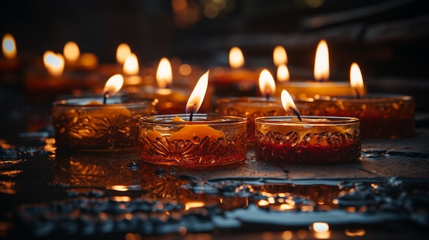 burning candles on wooden table in church