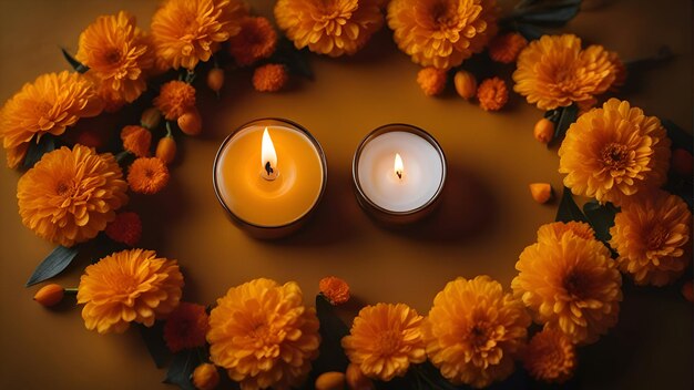 Burning candles in a wreath of flowers on a brown background