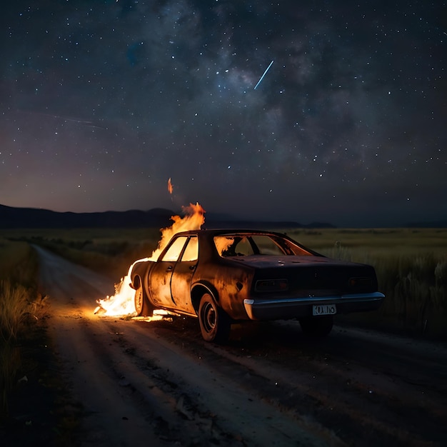 a burning car abandoned on an abandoned road in the middle of genarated by AI