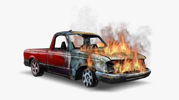 Un'auto in fiamme un'auto in fiamme veicolo danneggiato dopo il rendering 3d di un incidente d'auto