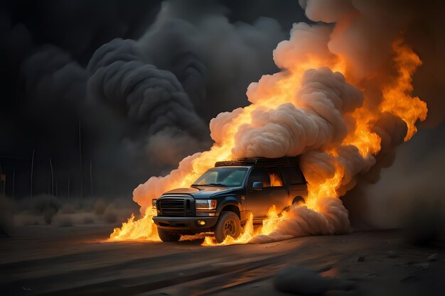 Photo burning car on the road