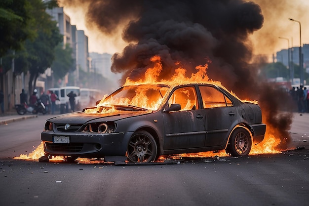 Photo burning car unrest antigovernment crime