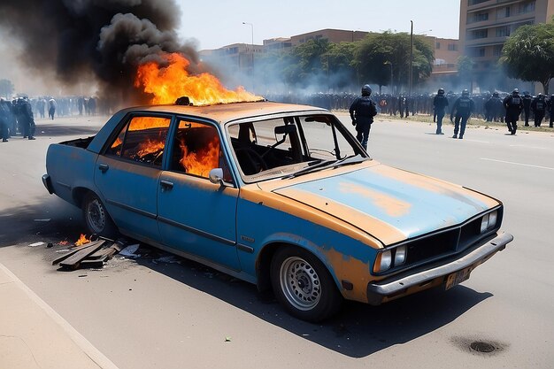 Photo burning car unrest antigovernment crime