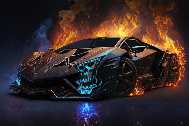 A burning car with a skull on the front.