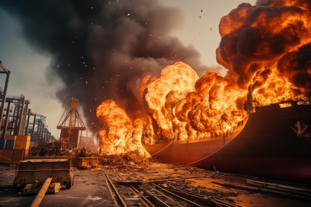 сжигание грузового корабля с контейнерами в морском порту