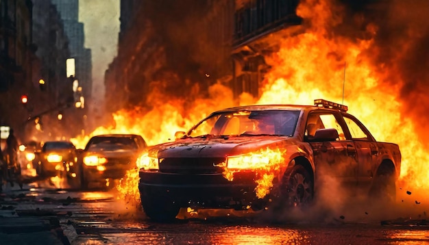 Burning cars chaos on city street Vehicles in flame Night scene