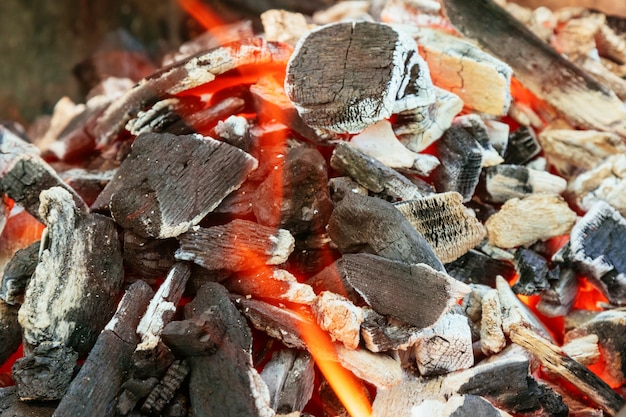 텍스트 또는 이미지를 위한 공간이 있는 BBQ 클로즈업에서 숯을 굽습니다.