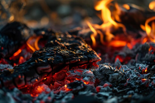 Burning charcoal in a campfire closeup Bonfire background