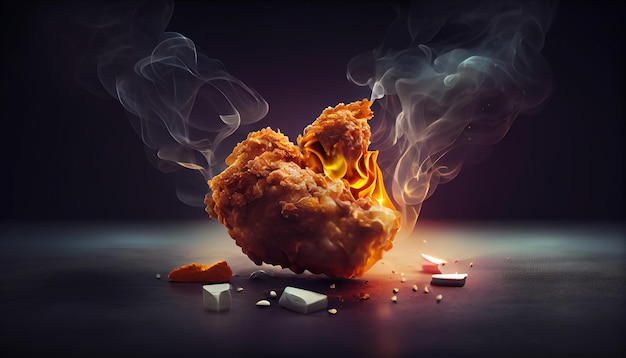 A burning chicken that is burning on a black background