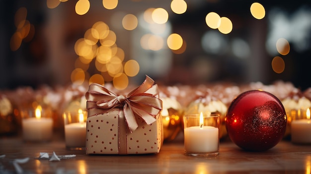 Burning Christmas candles and gifts with red bows are blurred