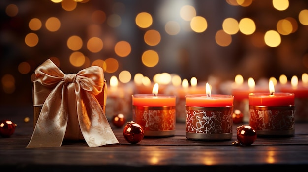 Burning Christmas candles and gifts with red bows are blurred