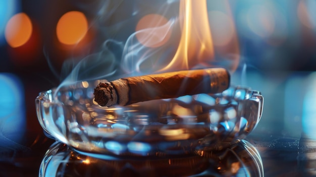 A burning cigar on a classic glass ashtray