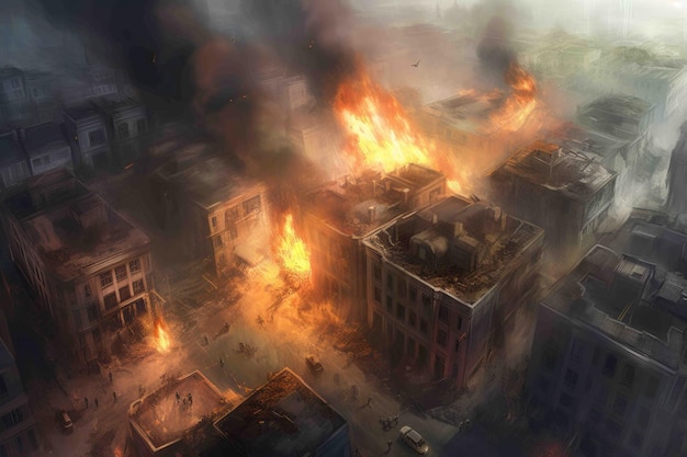 Burning city after airstrike attack Urban buildings explosion in fire flames Generate ai