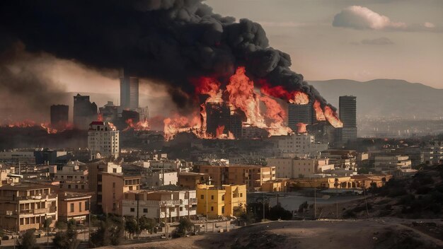 Photo burning city with ruins on fire acrid smoke from the fire