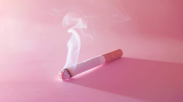 burning closeup of cigarette on pink gradient background