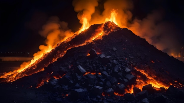 Burning coal inferno physical environmental destruction at night Premium Images