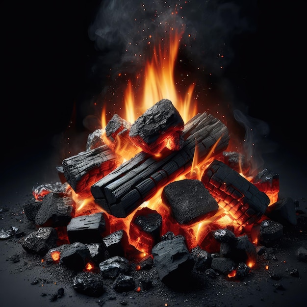 Burning coal isolated on black background