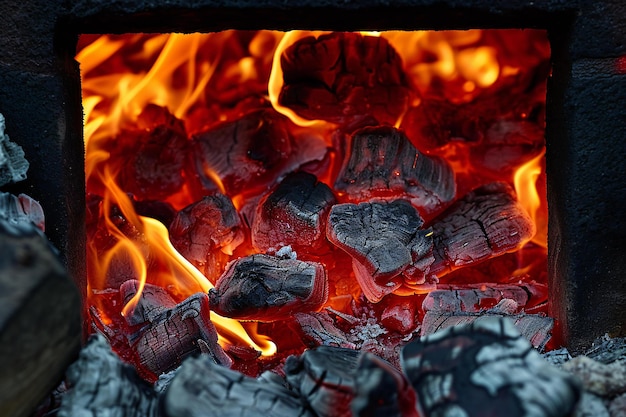 Burning coals in a barbecue closeup Background