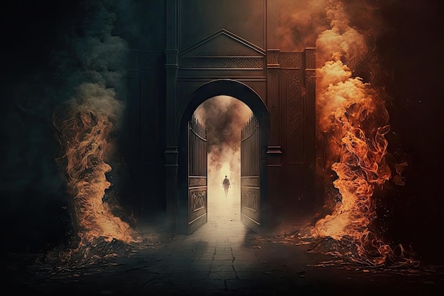 Burning corridor in flames and smoke with gate to hell