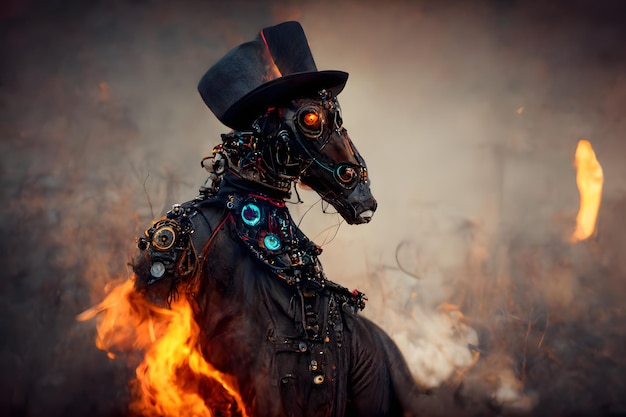 Burning cyberpunk gipsy horse in gothic clothes and black cylider hat neural network generated art