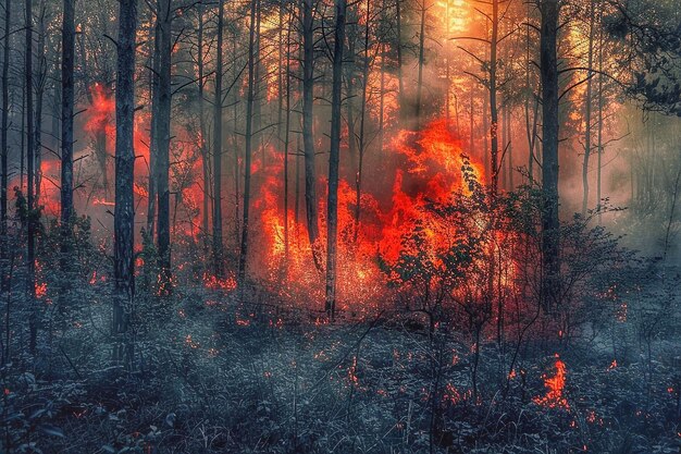 Burning dry grass and trees in the forest at sunset