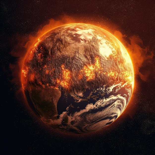 燃える地球地球地球温暖化の概念火の地球地球と気候変動の概念を救う