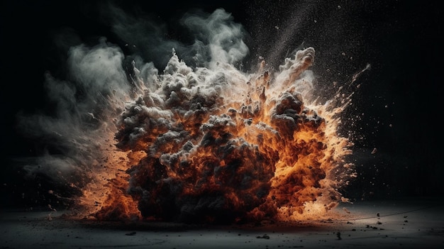 A burning explosion with a black background and smoke coming out of it.