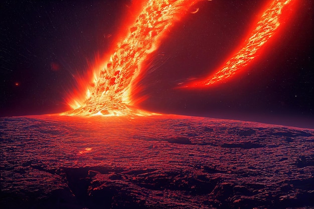 Burning falling asteroid and planet collision