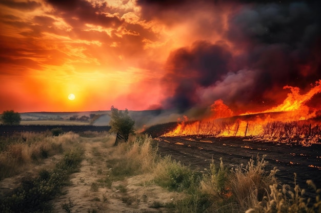 Burning field with cloudy sunset sky