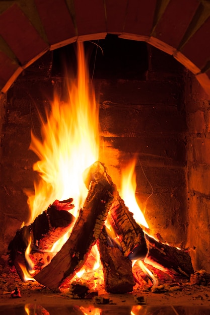 Burning fire in the brick fireplace, close up