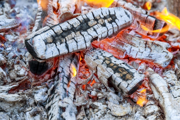 Burning fire, burning wood, smouldering fire. Super slow motion burning firewood.