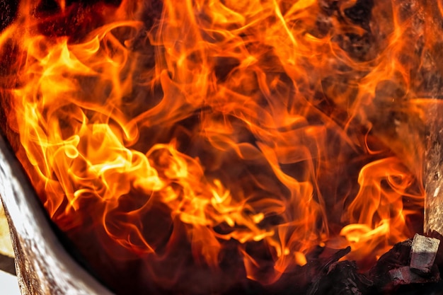 Горящий огонь крупным планом Ярко-оранжевое и красное пламя на темном фоне Отопление открытым пламенем Проблемы с отоплением и газом