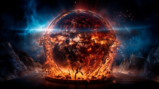 burning fire in the form of a glass sphere on the black background