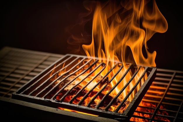 Burning fire on grate of large metal backyard grill