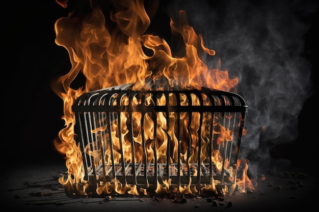 Burning fire on grate of large metal backyard grill