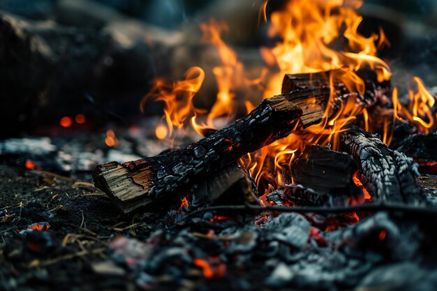 Burning firewood in a campfire closeup