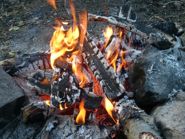 Burning firewood in a fire bright fire tongues of flame of
orange color big stones boulders around a campfire