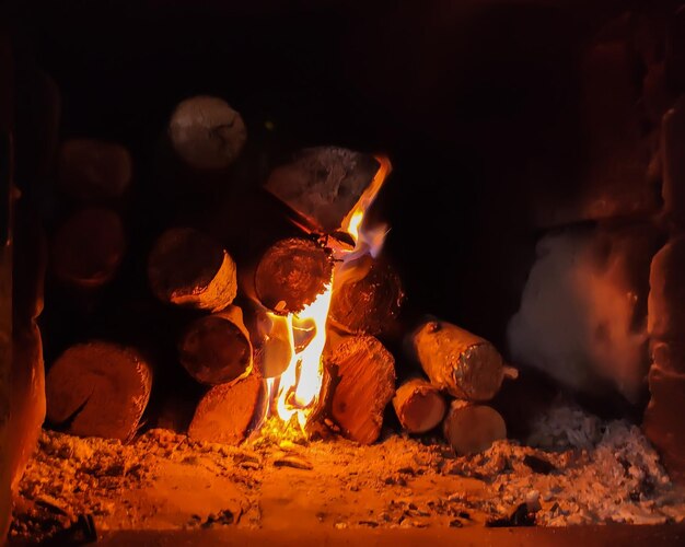 Burning firewood in fireplace in country cottage