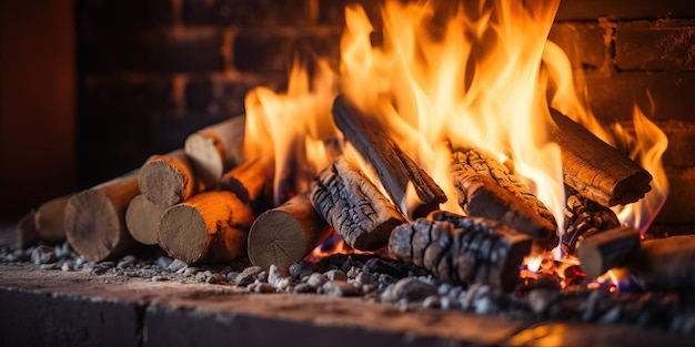 Burning firewood in a fireplace