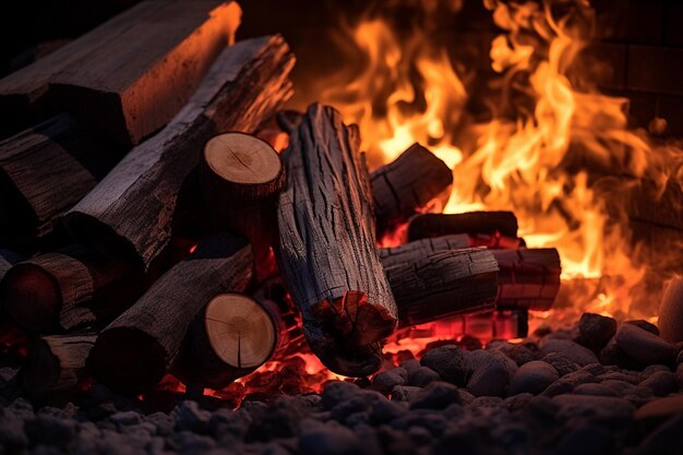 Burning firewood in a fireplace